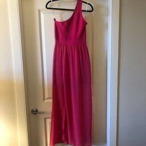 bright pink one shoulder maxi dress